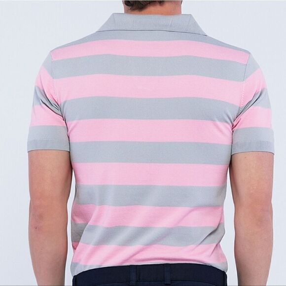 1729 NWT EDOARDO CARAVELLAV-NECK SHORT SLEEVE POLO SHIRT // STRIPED PINK + GRAY - Picture 2 of 6
